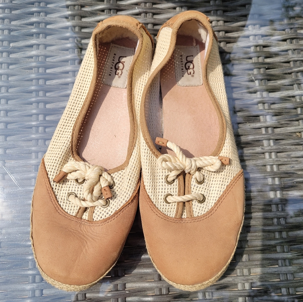 Ugg tan size 8 caterin crocheted and suede slip on boat deck espadrilles Shoes